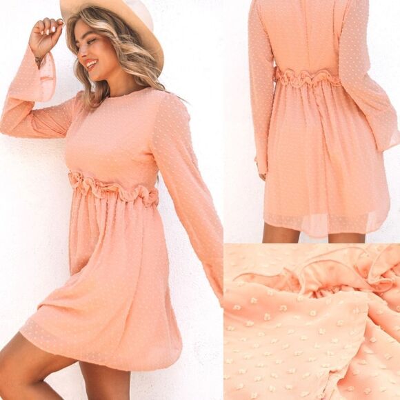 Peach Swiss Dot Bell Sleeve Mini Dress - Picture 1 of 10